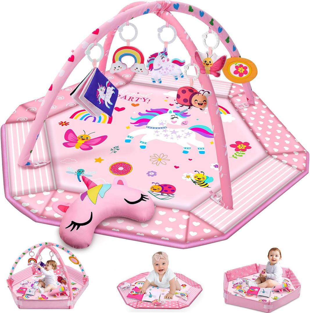 Unicorn Baby Gym Play Mat, 9-in-1 Tummy Time Mat with 7 Baby Toys, Washable Baby Activity Mat for Visual, Sensory, Motor Development, Newborn Baby Toys Gift for Toddler 0-3-4-6-9-12 Months (Pink)