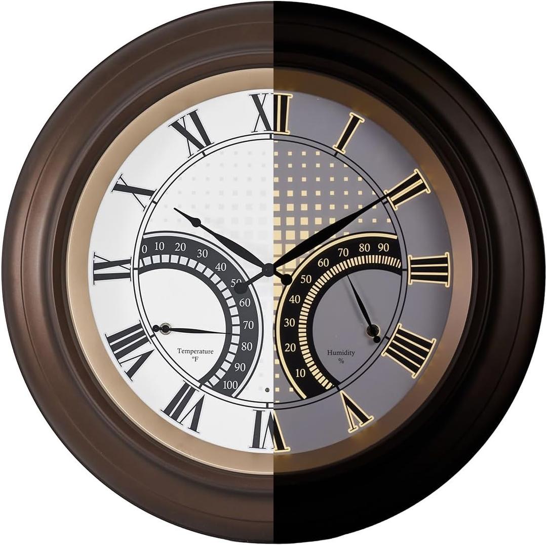 ANDY STAR 24 Inch Outdoor Clocks Waterproof,Large Outdoor Wall Clocks for Patio with Thermometer Combo, Silent Weatherproof Illuminated Metal Clock Battery Operated with Thermometer&Hygrometer, Bronze