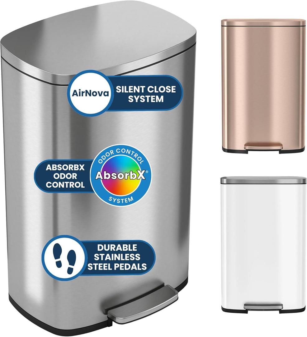 iTouchless 13.2 Gallon Step Trash Can with Lid and Odor Control Filter, Stainless Steel Kitchen Garbage Bin with AirNova Silent Lid, 50 Liter, Fingerprint-Proof, Silver