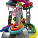 Metallic Pots and Multicolored Ring Strings Toys, Pullable 5 Stainless Steel Cups and Wooden Ring Toys for Large and Extra Large Parrot Amazons Macaws African Greys Cockatoos Eclectus
