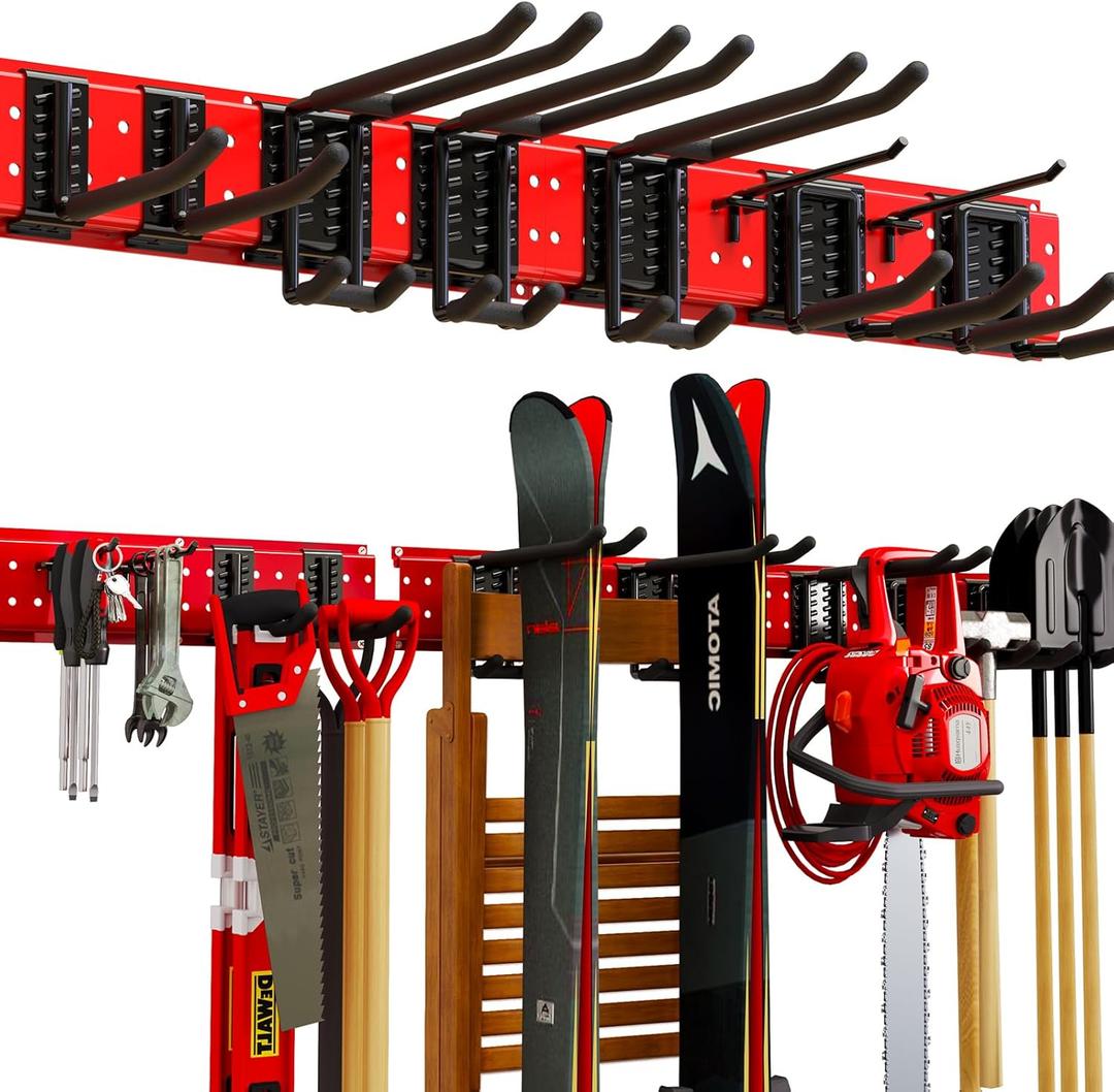 Garden Tool Organizer Wall Mount 48inch With 9 Hooks,Shovel Holder Wall Mount Ski Rck for Garage Garden Tool Rack Heavy Duty(Red)