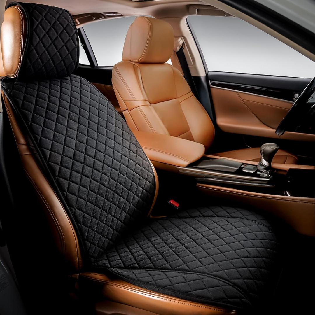 IVICY Faux Linen Car Seat Cover for Cars - Durable & Non-Slip - Front Car Seat Protector Covers for Most Automotive, Vans, SUVs, Trucks - 1 Unit - Black (BLACK HYB LN)