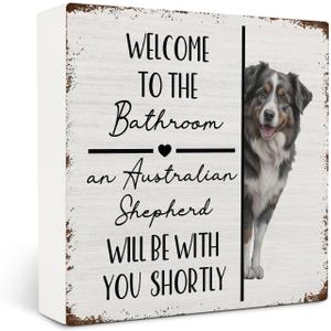 Funny Australian Shepherd Bathroom Wooden Box Sign Decor, Australian Shepherd Lover Gifts, Welcome to the Bathroom Dog Wood Block Sign for Washroom Counter Shelf Wall Decorations, 5x5 Inch