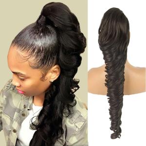 KRSI 28 Inch Long Wavy Drawstring Ponytail Extension for Black Women, Black Side Ponytail Curly Hair Clip in Extensions Fake Ponytail Fake Hair Synthetic Pony Tails for Adults Women(2#)