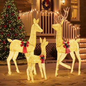 Sweetcrispy 3-Piece Large Lighted Christmas Deer Family Set - 5.3Ft with 360 Bright LED Warm Lights Standing Reindeer, Lawn Decor, Indoor Outdoor Front Yard Holiday Decoration, Stakes, Zip Ties, Gold