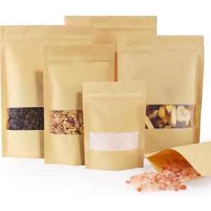 FireKylin 100 Pcs Brown Paper Bags with Window, 3.5" x 5.5" Stand Up Pouches, Zipper Food Storage Bags for Packaging Products, Reusable, Sealable