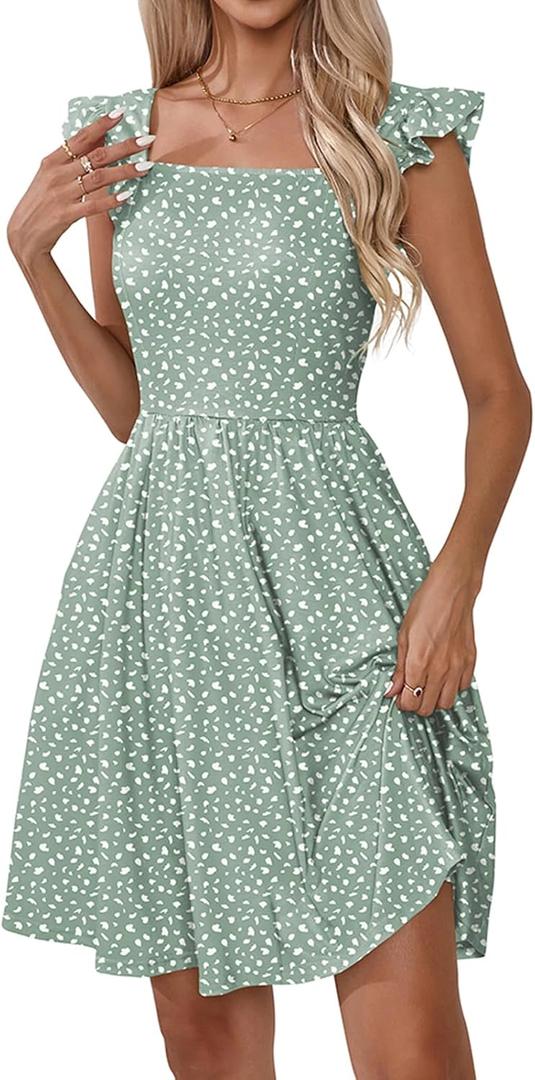 Naggoo Women's Summer Dresses Casual Square Neck Floral Sundress with Pockets A Line Flowy Beach Dress (Green, L)