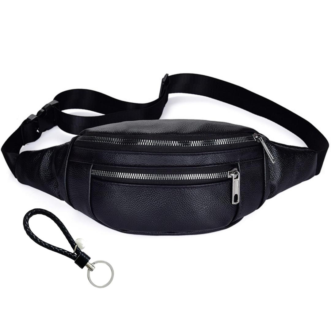 Genuine Leather Vintage Travel Fanny Pack Zipper Pockets with Key Ring Strap, Adjustable Strap Sling Bags Crossbody Daypack, Cowhide Leather Waist Backpack (Khaki)