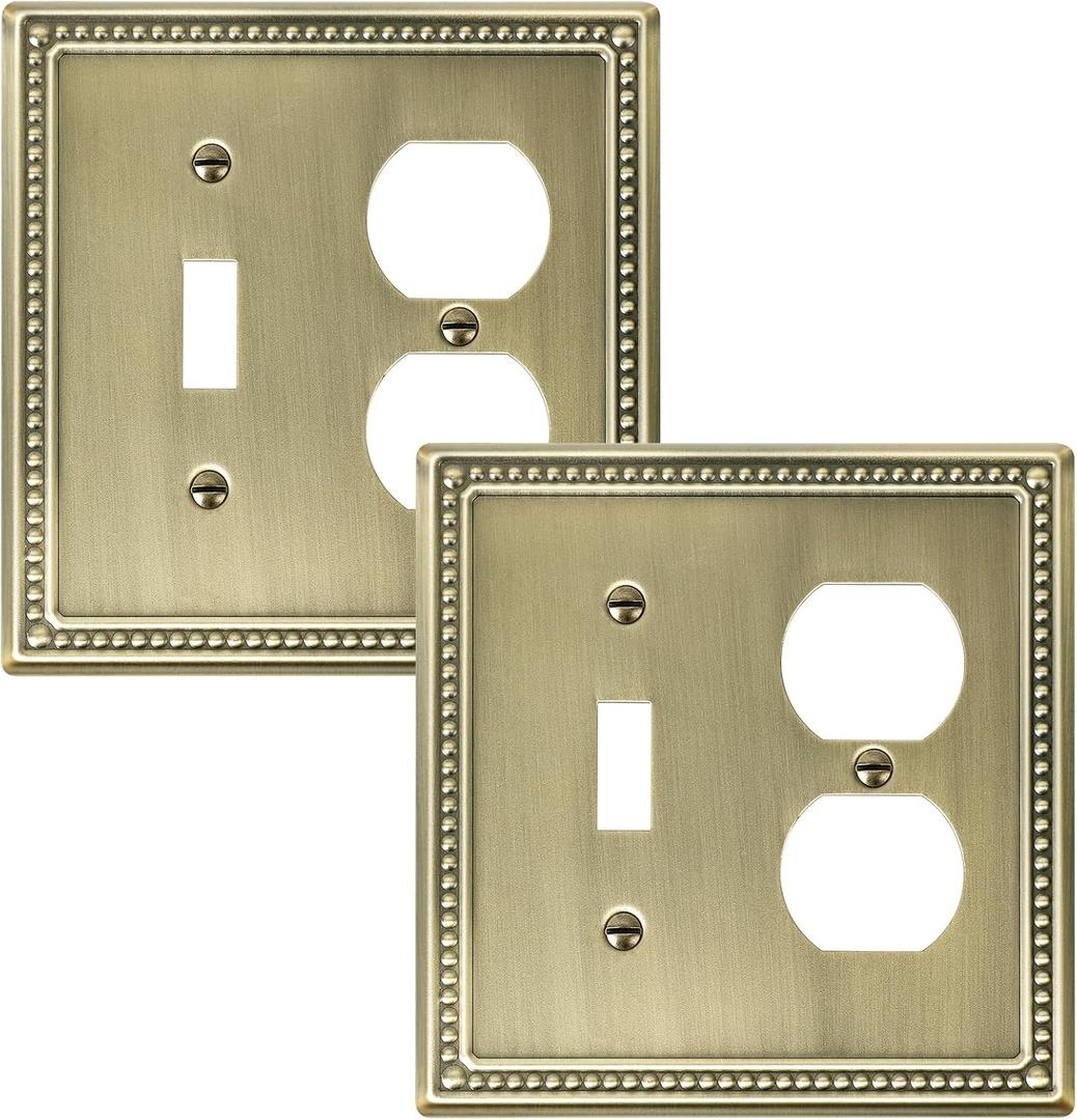 2-Pack Combo Toggle/Duplex Light Switch Cover Plate, Antique Brass Metal Wall Outlet Cover Plate, Decorative Classic Beaded Wall Socket Receptacle Cover