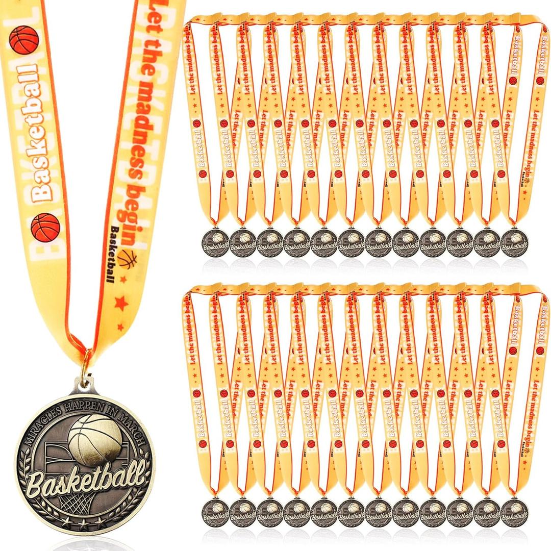 Loetere 12 Pcs Award Medals 2'' Funny Awards Trophy with Neck Goat Madness March Basketball Football Swimming Ribbon Winner Prizes Bulk Gifts for Team Competitions Gift Party Favor (Basketball)