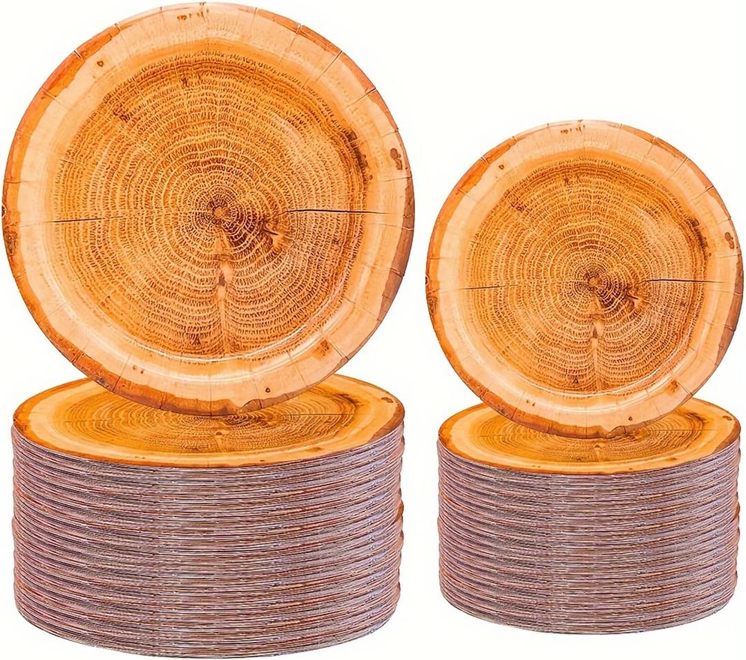 50Pcs Wood Grain Paper Plates Wood Grain Party Supplies 9"&7" Rustic Wood Slice Paper Plates for CampFire Camping Woodland Animal Baby Shower Lumberjack Cut Timber Birthday Party Decorations (50)