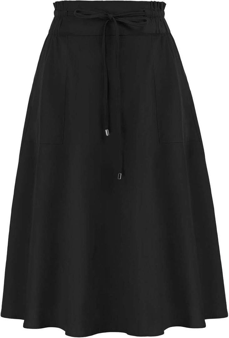 KANCY KOLE Women Casual Cotton Linen Skirts Frill Tie Waist A-Line Midi Skirt with Pockets (Black, L)
