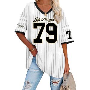 Oversized Jersey Shirts for Women V Neck Tshirt Striped Number Graphic Shirt Casual Y2k Streetwear Tee Tops (Large, B-black(mesh))