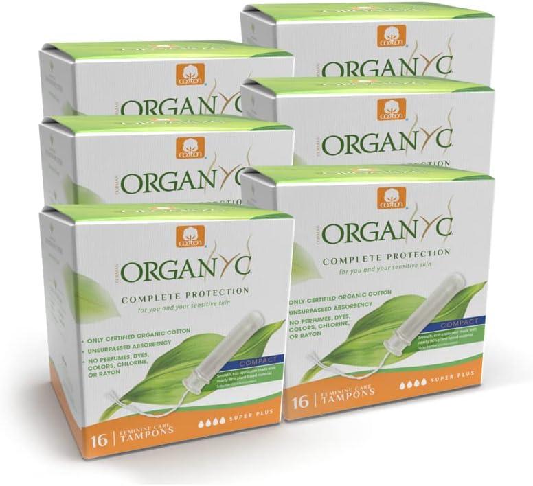 Organyc - 100% Certified Organic Cotton Tampons - Plant-Based Eco-Applicator, Super Plus, 16 Count(Pack of 6) (96 Count (Pack of 6))