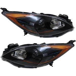 Headlight Assembly Pair with Bulbs for 2010-2013 Mazda 3 4-Door Sedan, Black Housing, Driver and Passenger Side