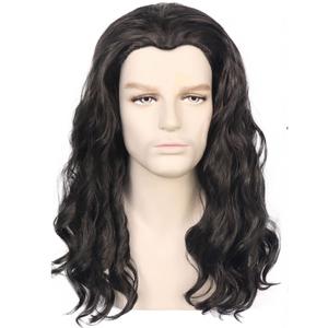 Mens Black Wig Hippie Male Long Wavy 80s Black Wig for Men Cosplay Halloween Costume Hair
