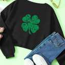 Women's St. Patrick's Day Sweatshirts Long Sleeve Crop Cute Shamrock Clover V Neck Shirts Graphic Tops (Black, M)