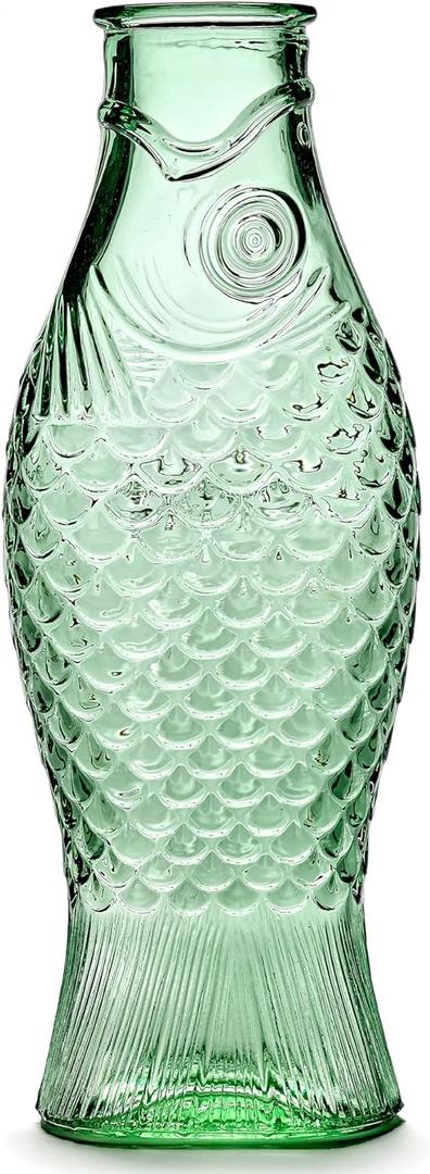 Serax Glass Water Pitcher | Fish & Fish glassware by Paola Navone | Carafe Decanter 28.74 fl oz | Clear Green Bottle Container for hot & cold Drinks | Fridge Beverage Dispenser, Suitable as Vase