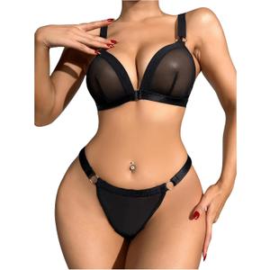 MakeMeChic Women's 2 Piece Lingerie Set Ring Linked Mesh Sheer Bra and Thong Nightwear (Black, Size M )