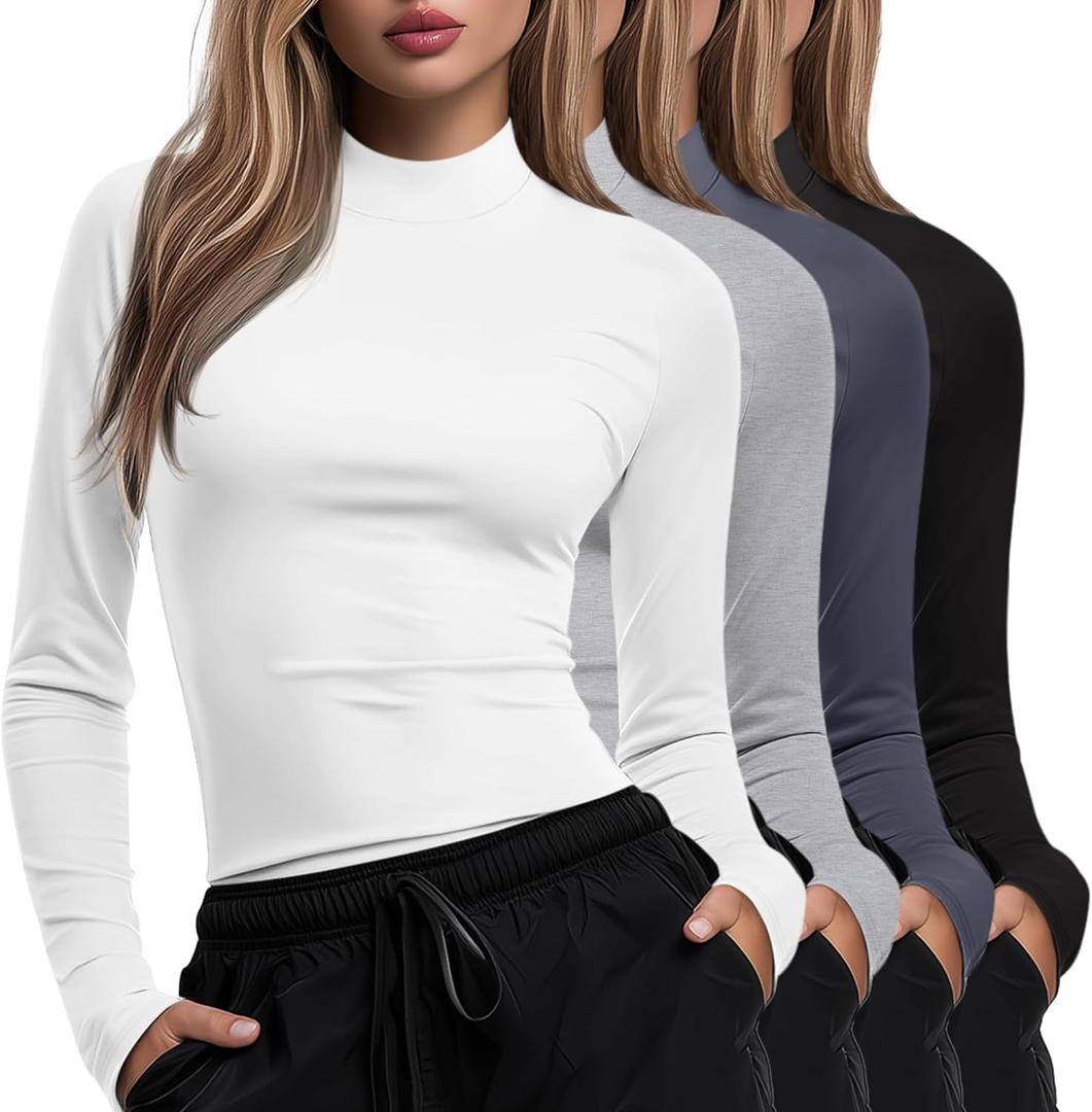 4 Pack Women's Long Sleeve Underscrub Shirt Mock Neck Slim Fit Tops Lightweight Thermal Base Layer Scrubs Undershirts (M)