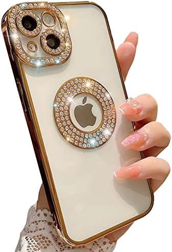 Compatible with iPhone Case,Luxury Glitter Bling Sparkly Diamond Rhinestone Bumper Camera Lens Protection Transparent Clear Soft Shockproof Cover Phone Case (Gold,iPhone 13 Pro Max)