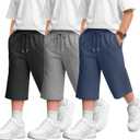 3 Pack Boys' Capri Pants | Wide Leg, Casual, Drawstring Capri Sweatpants, Basic, Athletic Cropped Pants, with Pockets