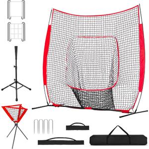 7x7 ft Baseball & Softball Practice Net with Bow Frame for Batting, Hitting, Pitching, Portable Baseball Training Net with Batting Tee, Ball Caddy, 2 Strike Zone and Carry Bag and Stakes, 7x7 ft, Strike Zone Version, Red