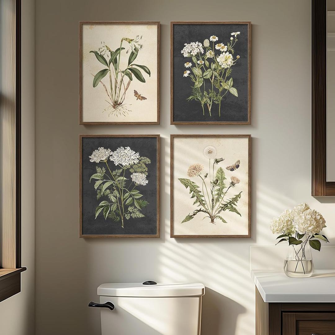 Framed Botanical Wall Art, 4 Piece Vintage Farmhouse Floral Canvas Painting Prints Artwork for Bathroom Walls, Rustic Flower Butterfly Pictures for Kitchen Bedroom Hallway Home Decor, 8x10 Inch