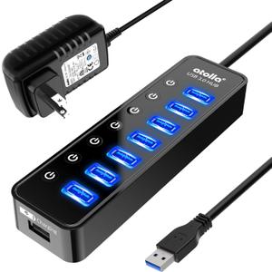 Powered USB Hub 3.0, Atolla 7-Port USB Data Hub Splitter with One Smart Charging Port and Individual On/Off Switches and 5V/4A Power Adapter USB Extension for MacBook, Mac Pro/Mini and More. (black)