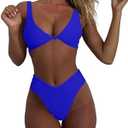 geluboao Bikini Set for Women Solid V Neck Knot Front Push Up High Leg Thong Two Piece Swimsuit, Size: L