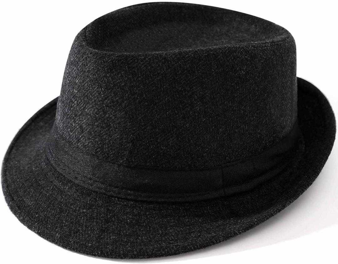 Jnxuoq Short Brim Fedora Hat for Women & Men Classic Bowler and Gangster Style Wide Brim Felt Hats Vintage Black Top Hat (Black)