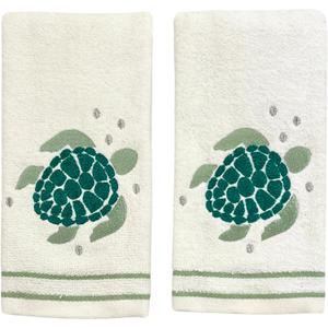 Serafina Home Coastal Nautical Bathroom Fingertip Towels - Set of 2 100% Cotton White Embroidered Green Sea Turtle Design - 18 x 12 Summer Bath & Kitchen Decor