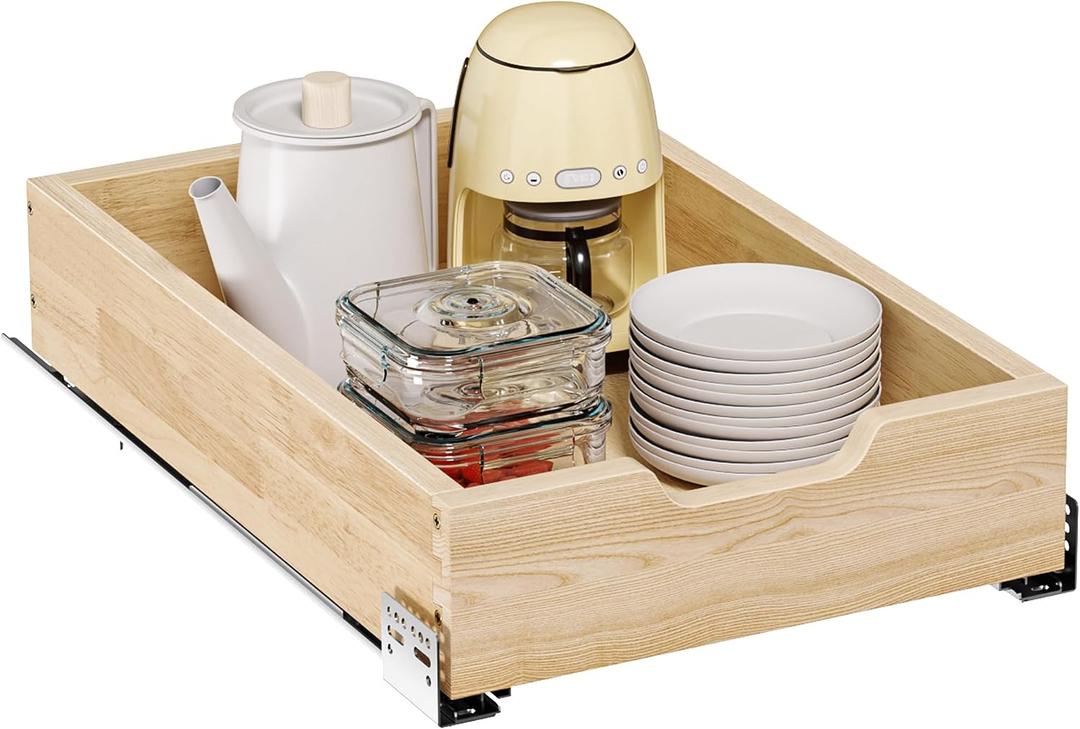 Pull Out Cabinet Organizer, 13.5 in W x 21 in D Solid Wood Slide Out Drawer, Soft Close Sliding Shelf, Bottom or Side Mount for Kitchen Pantry Bathroom, Fits 14.5 in Cabinet Opening