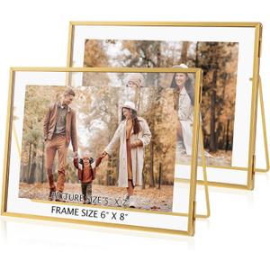 Set of 2 Gold Floating Picture Frame for 5x7 Photos, Glass Pressed Picture Frames, Horizontal Standing Tabletop Glass Floating Frame for Home Decor (6x8)