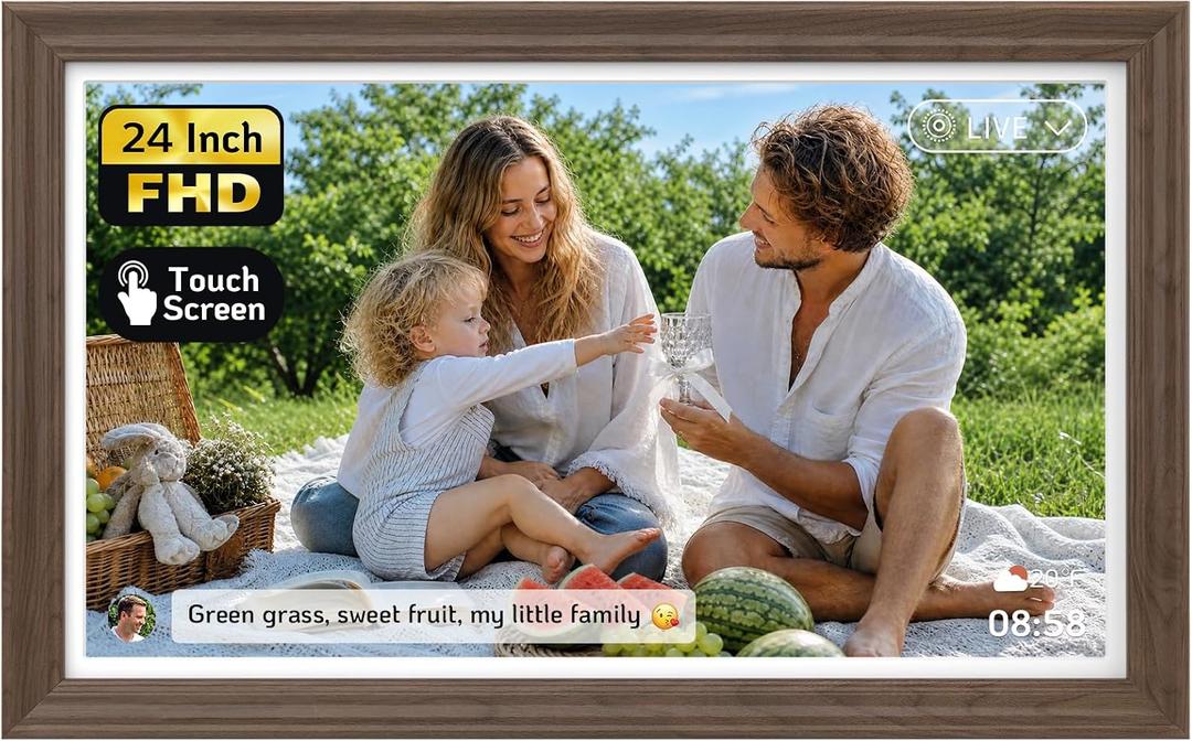 NexFoto Large Digital Picture Frame 24 Inch Touchscreen, WiFi Electronic Photo Frame 64GB, Add Pics from Google Photos, Upload Photo/Video via App/USB, Gifts for Christmas/Mom/Grandparents, Walnut