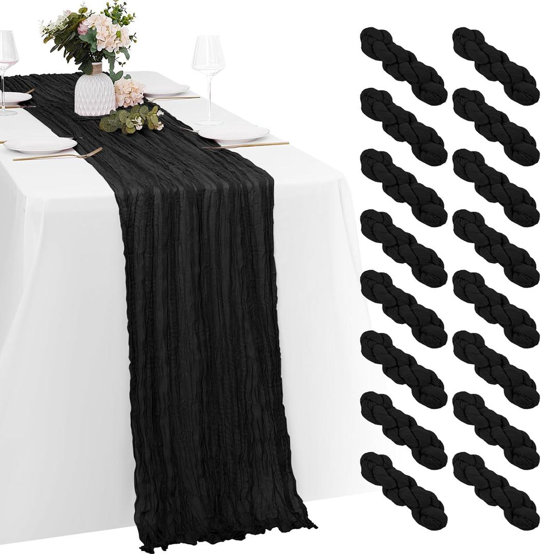16 Pack Black Cheesecloth Table Runners 20x120 Inch Gauze Table Runner Cheese Cloth 10FT Black Table Runner Rustic Sheer Runner for Wedding Baby Shower Birthday Party Table Decor