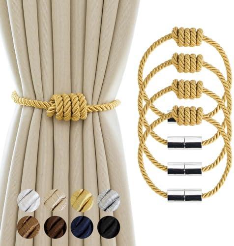 Contoeey Magnetic Curtain Tiebacks - 4 Pack Decorative Rope Holders for Drapes, Gold