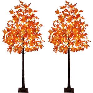 Set of 2 6FT 120LED Artificial Lighted Maple Tree Warm White Fall Decorations Indoor Outdoor, Orange