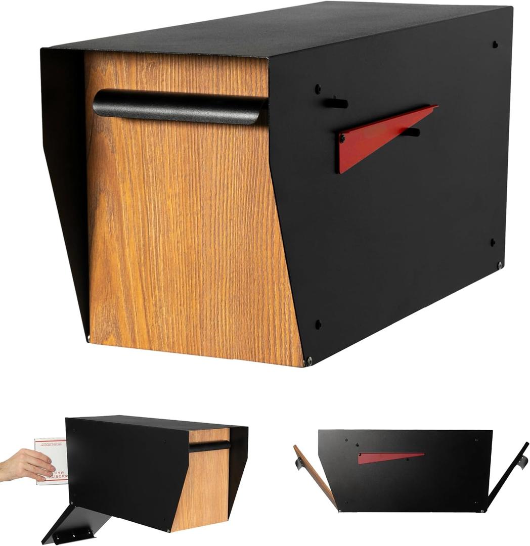 Ilyapa Large Modern Mailbox for Outside - Black, Rear Door - Post Mount