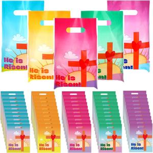 Panelee 100 Pcs Easter He Is Risen Gift Bags Plastic Religious Cross Christian Gift Candy Treat Bags with Handles for Easter Party Supplies