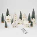 Christmas Village Set - Ceramic Houses, Remote LED Tea Lights, Trees