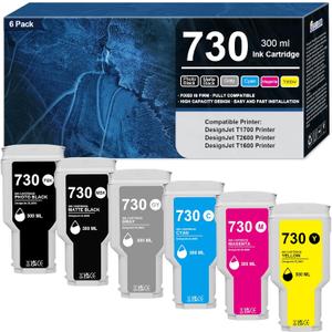 730 Ink Cartridges High-Capacity 300ML 6-Pack Replacement for HP 730 Ink Cartridge Works for DesignJet T1600 T1700 T2600 T1600dr T1700dr T2600d Printer,P2V68A P2V69A P2V70A P2V71A P2V72A P2V73A