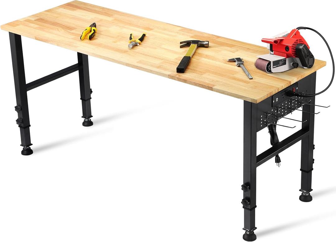 60" Heavy-Duty Adjustable Workbench for Workshop Office Garage Home, Hardwood Workstation, Heavy Duty 2000 LBS Load for Adjustable Foot Pads (Rubber Pad60"X20")