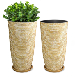 Two QCQHDU 9 Gallon Tall Large planters for Outdoor/Indoor Plants of 12" Dia x 21" H Round Flower Pots Set Faux Stone Finish Front Door Patio Square Porch Planters with Tray, Beige