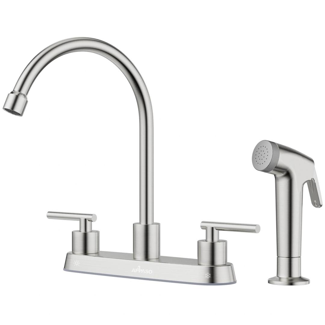 APPASO Kitchen Faucet with Side Sprayer, 2-Handle High Arch Brushed Nickel Kitchen Faucet with Pull-Out Spray for RV Laundry Utility Bar, 8-in 4-Hole Installation, cUPC-Certified Parts