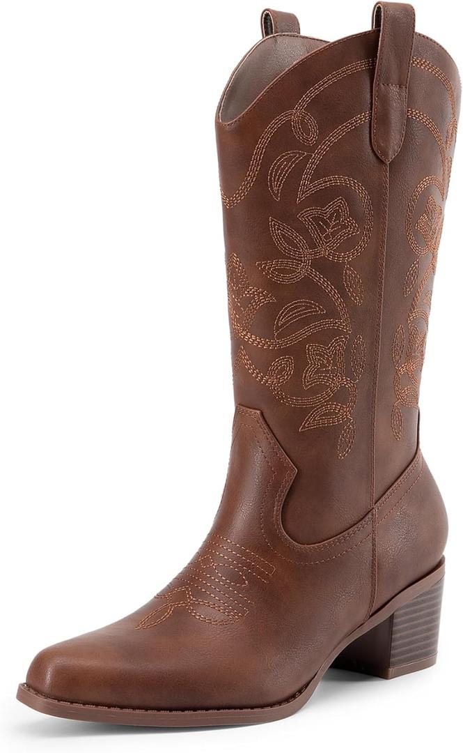 DREAM PAIRS Cowboy Boots for Women Cowgirl Western Boots Fashion Embroidery Stitched Chunky Heel Mid Calf Boots (9.5 Wide, Brown-pu)