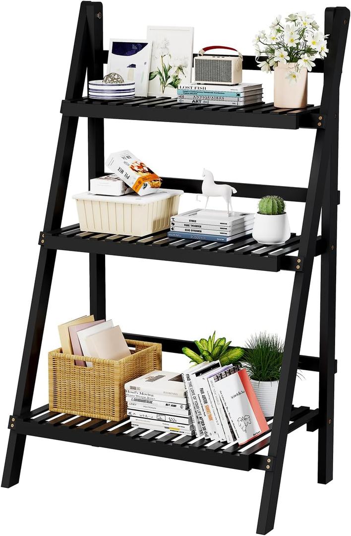 oakvivo 39.4" Foldable Plant Shelf Ladder Shelf, 3 Tier Bamboo Ladder Flower Pot Display Shelf, Freestanding Ladder Bookshelf for Garden, Balcony, Yard, Living Room, 23.6" W x 15" D x 39.4" H, Black