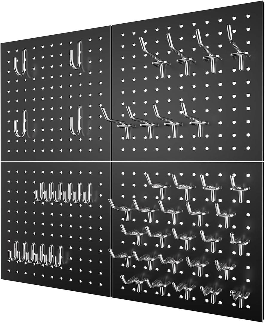 Peg Board - Metal Pegboard with 48 Hooks, Heavy Duty Wall Mount Metal Grid Panel for Garage Organization & Tool Storage, Rustproof, Easy to Install, Compatible with Standard Organizer Accessories