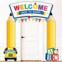 3Pcs Back to School Decorations First Day of School door Banner Welcome Back Banner Pencil Shape Hanging Porch Sign Bus book Yellow Photo Backdrop for Indoor Outdoor Classroom Party Wall Decor