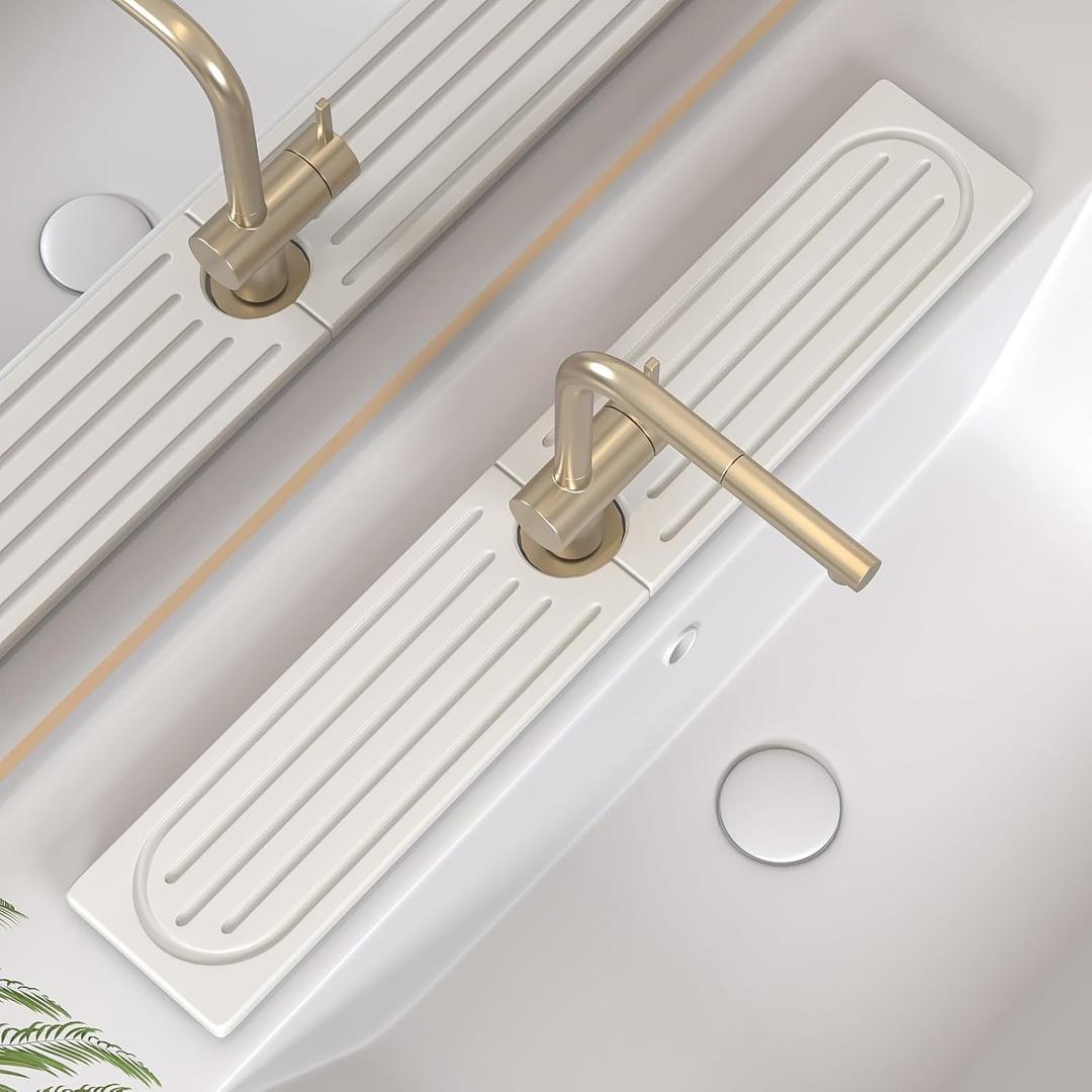 Kitchen Faucet Mat, Diatomite Sink Faucet Mat Splash Guard for Kitchen, Water Absorbing Stone Tray for Sink, Quick Drying Faucet Mat for Kitchen Sink, Absorbent Stone Drying Tray for Bathroom Counter (23.7" x 4", White Gray Style 2)